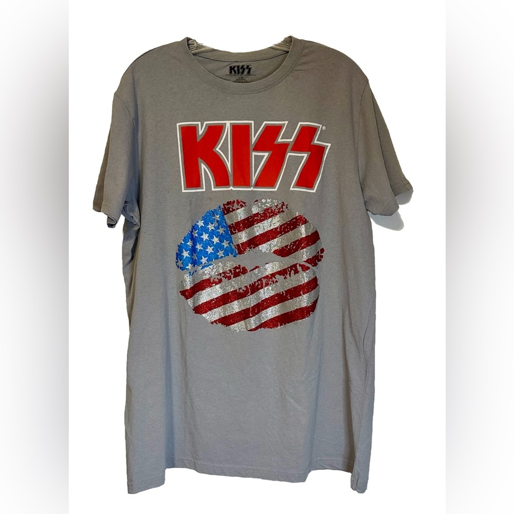 Kiss Alive Tour 1975 Glitter Graphic T-Shirt American Flag Lips Gray Rock New